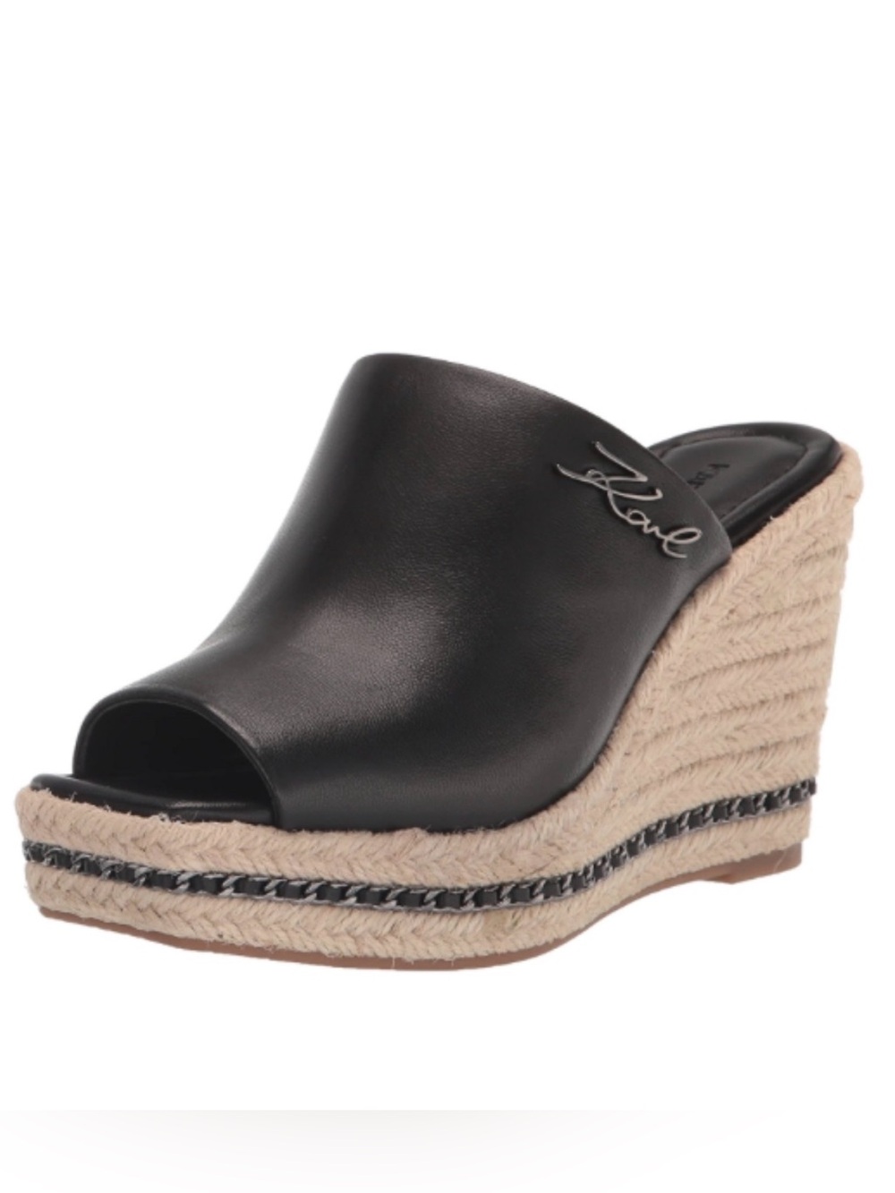 KARL LAGERFELD Corissa Black Leather Espadrille Platform Wedge Sandals 8.5 Women